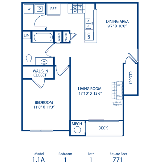 Floor plan for 1 bed, 1 bath, 771 sqft
